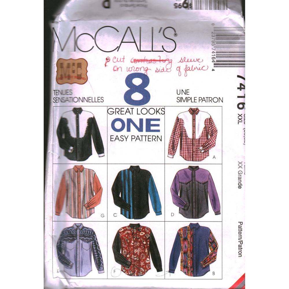 McCalls 7416 Mens Western Shirt Sewing Pattern XXL Colorblock Cowboy 1994